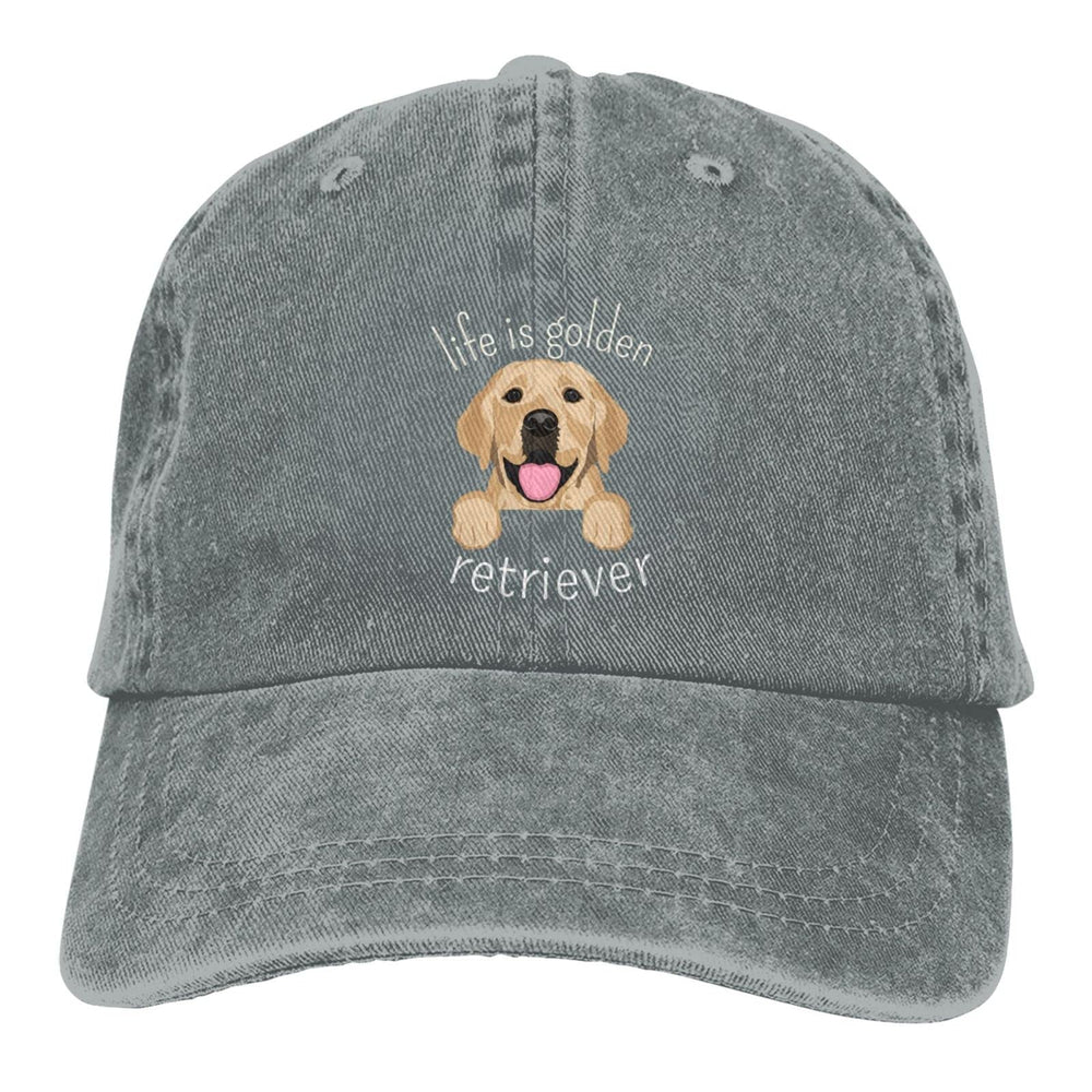 Gray cap with golden retriever theme front close-up