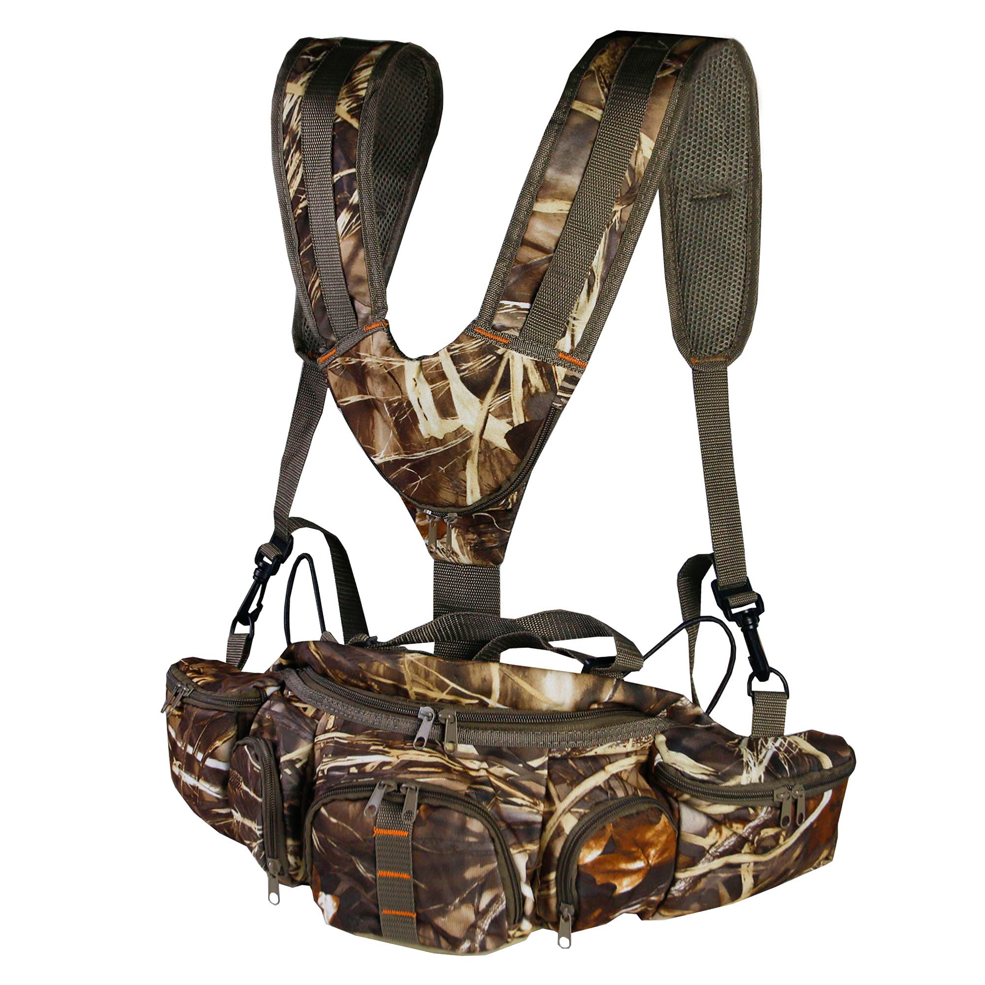 UNISTRENGH camo fanny pack front pocket for quick access during outdoor activities.