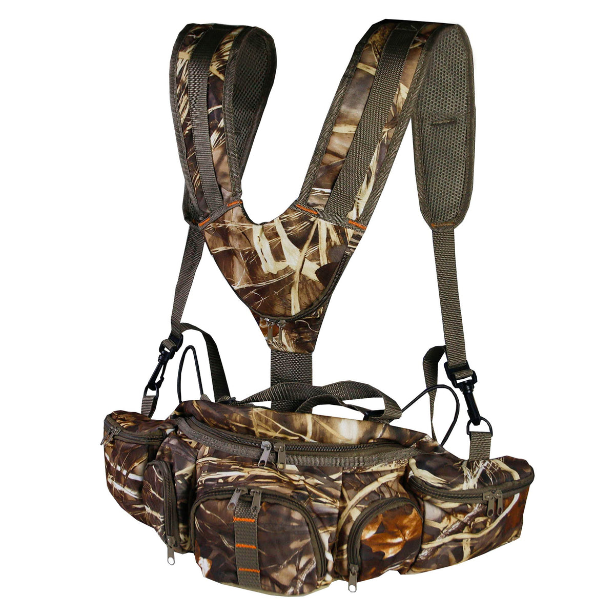UNISTRENGH camo fanny pack front pocket for quick access during outdoor activities.