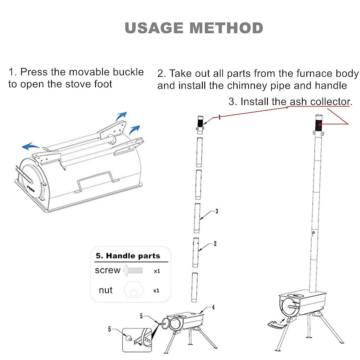 UNISTRENGH stove kit with chimney pipe, legs, and carrying bag.