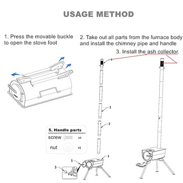 UNISTRENGH stove kit with chimney pipe, legs, and carrying bag.