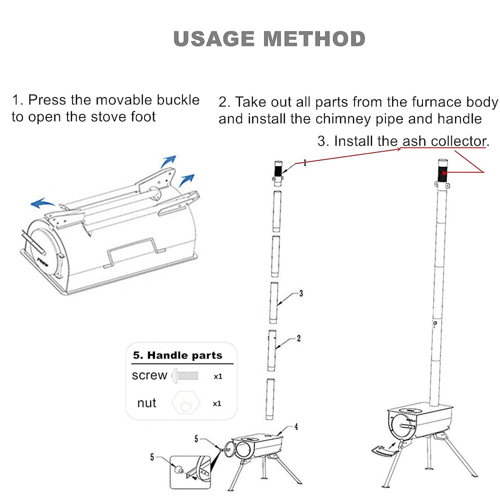 UNISTRENGH stove kit with chimney pipe, legs, and carrying bag.