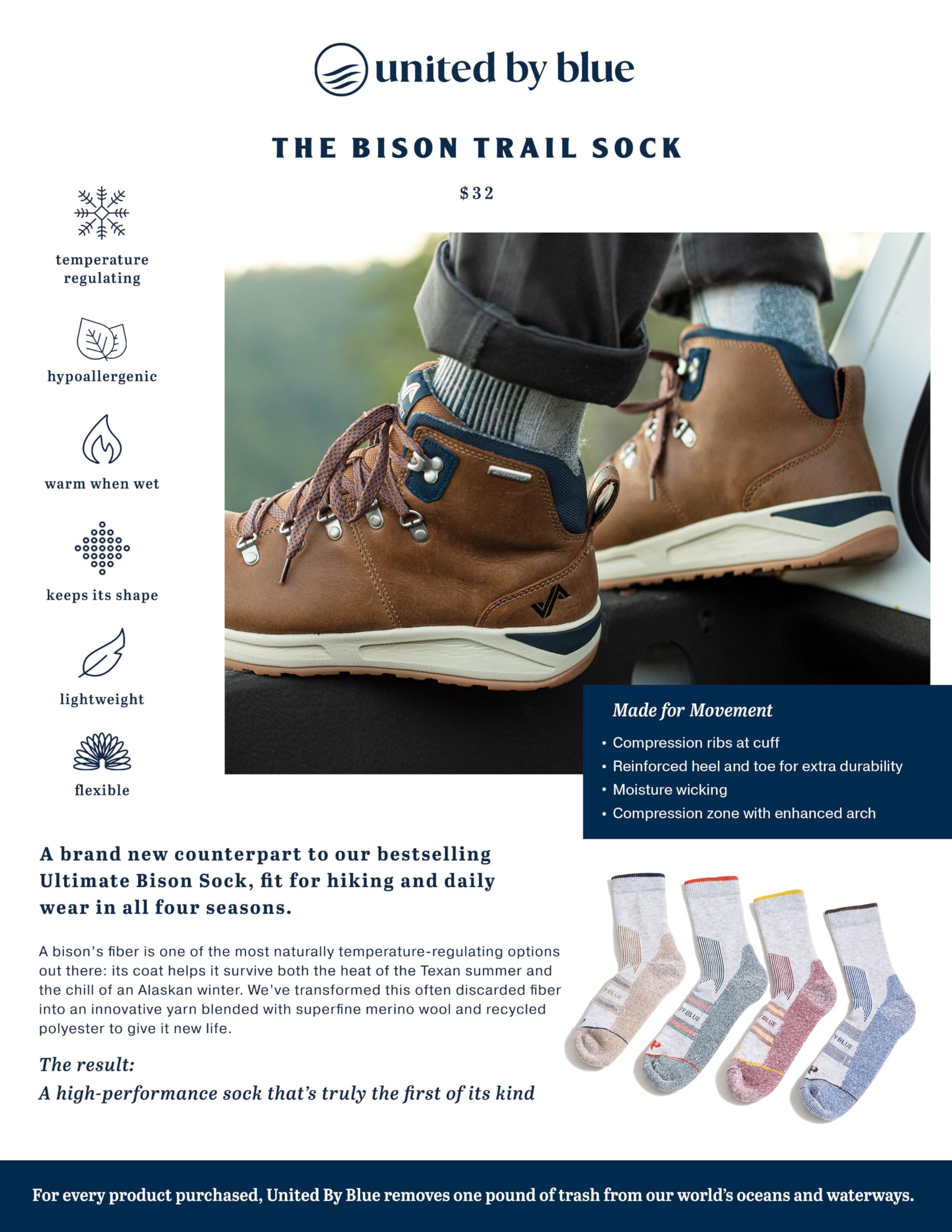United By Blue Bison Trail Sock red anti-blister design supports performance.