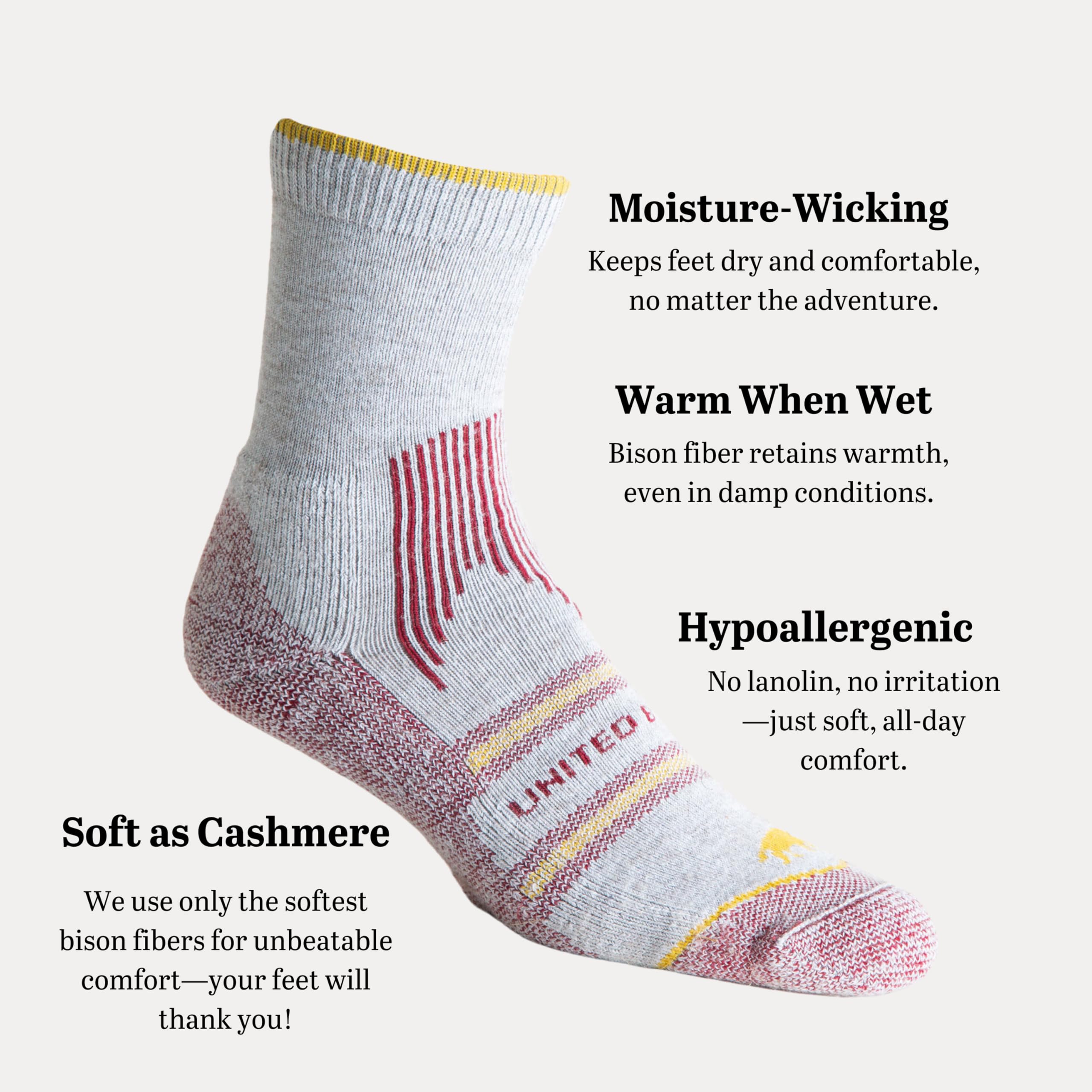 United By Blue Bison Trail Sock red yarn offers soft warmth and regulation.