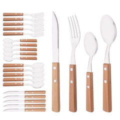 Uniturcky 24-piece silverware set with wood handle for six, durable and stylish.