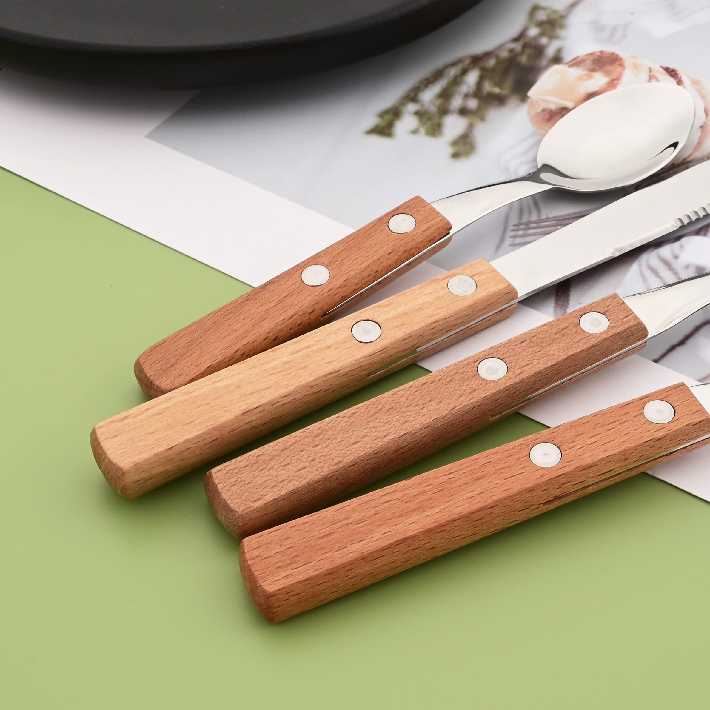 Uniturcky wood-handle flatware detail showing durable double-rivet construction.