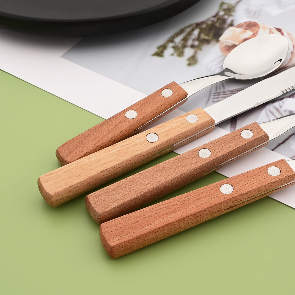Uniturcky wood-handle flatware detail showing durable double-rivet construction.