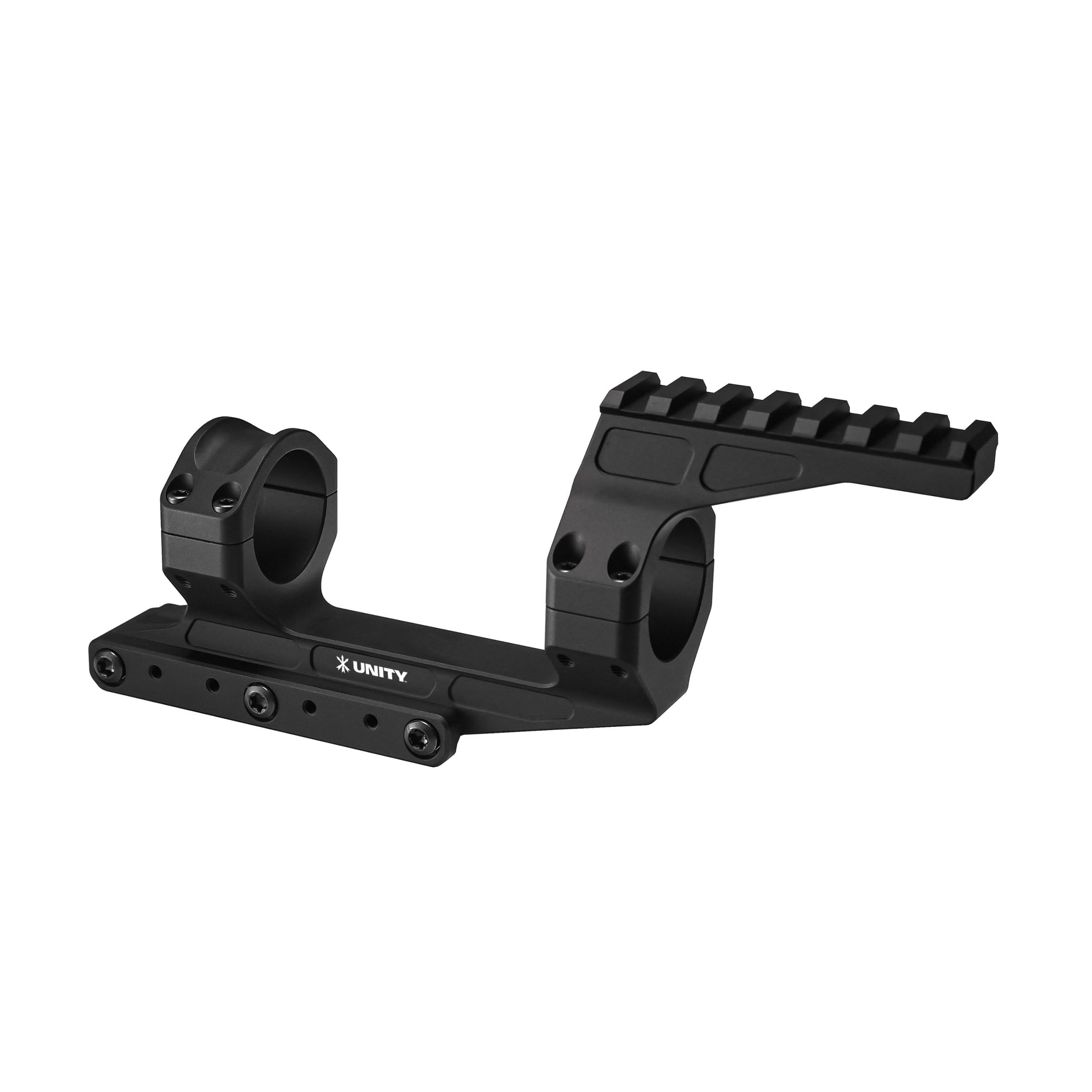 Unity Tactical diving board attached to REKE mount front view with laser range finder ready for use