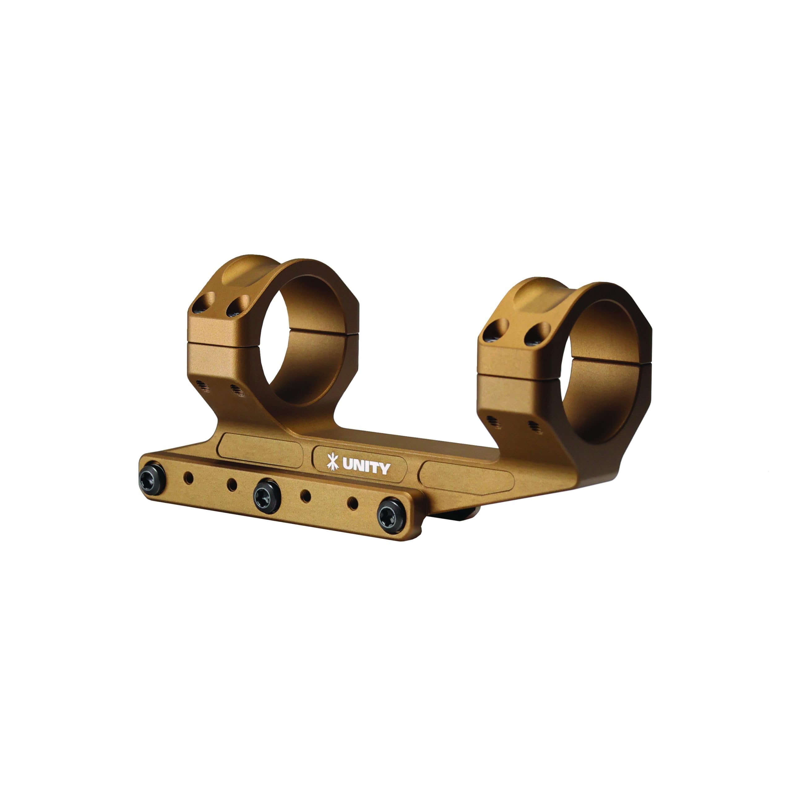 Unity Tactical REKE scope mount on a 34mm rail for precise long-range alignment.