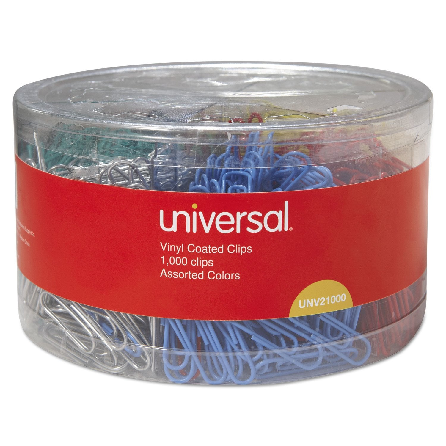 Universal 21000 vinyl-coated paper clip in assorted colors; easy to color-code and find papers.