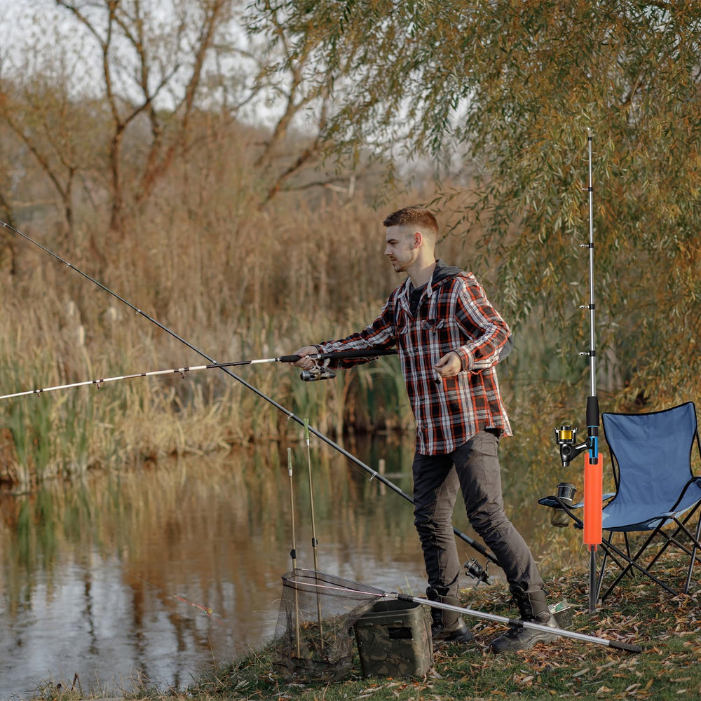 Open, durable fishing rod holder in use