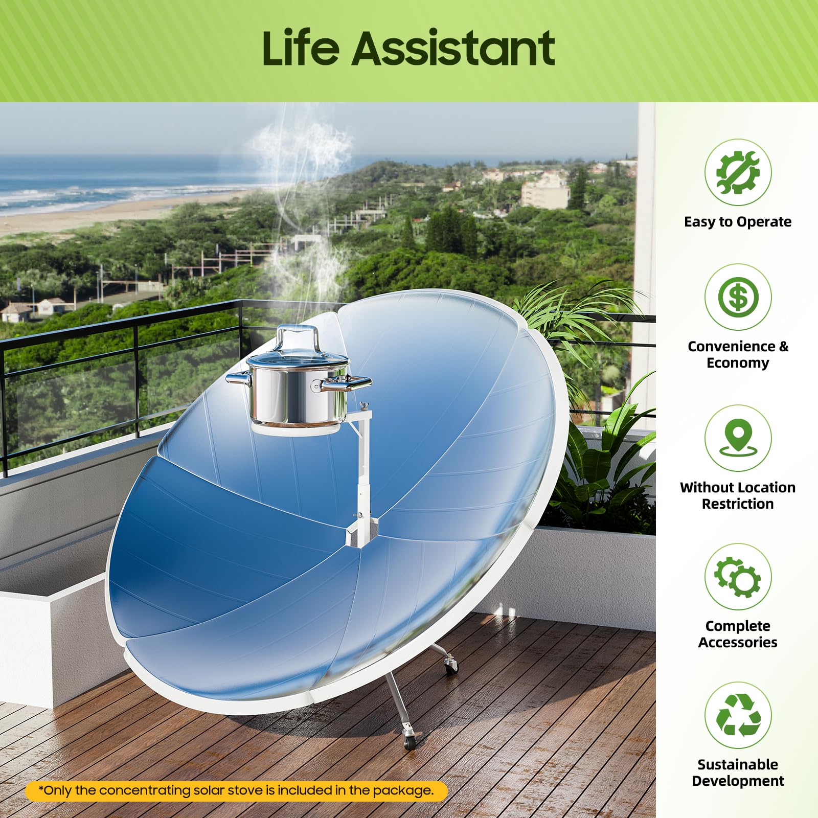 Unndysrt Concentrating Solar Stove in use boiling water efficiently under sunny conditions.