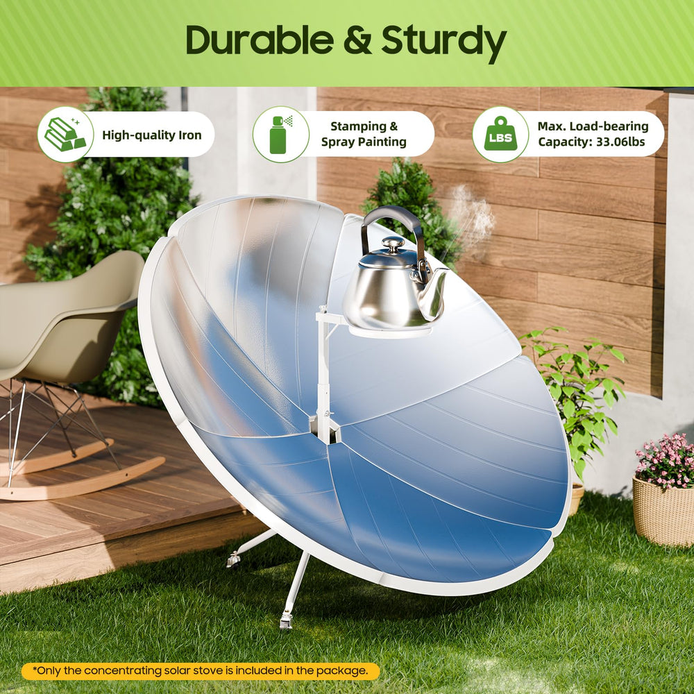 Unndysrt Concentrating Solar Stove side view shows durable supports and compact footprint.