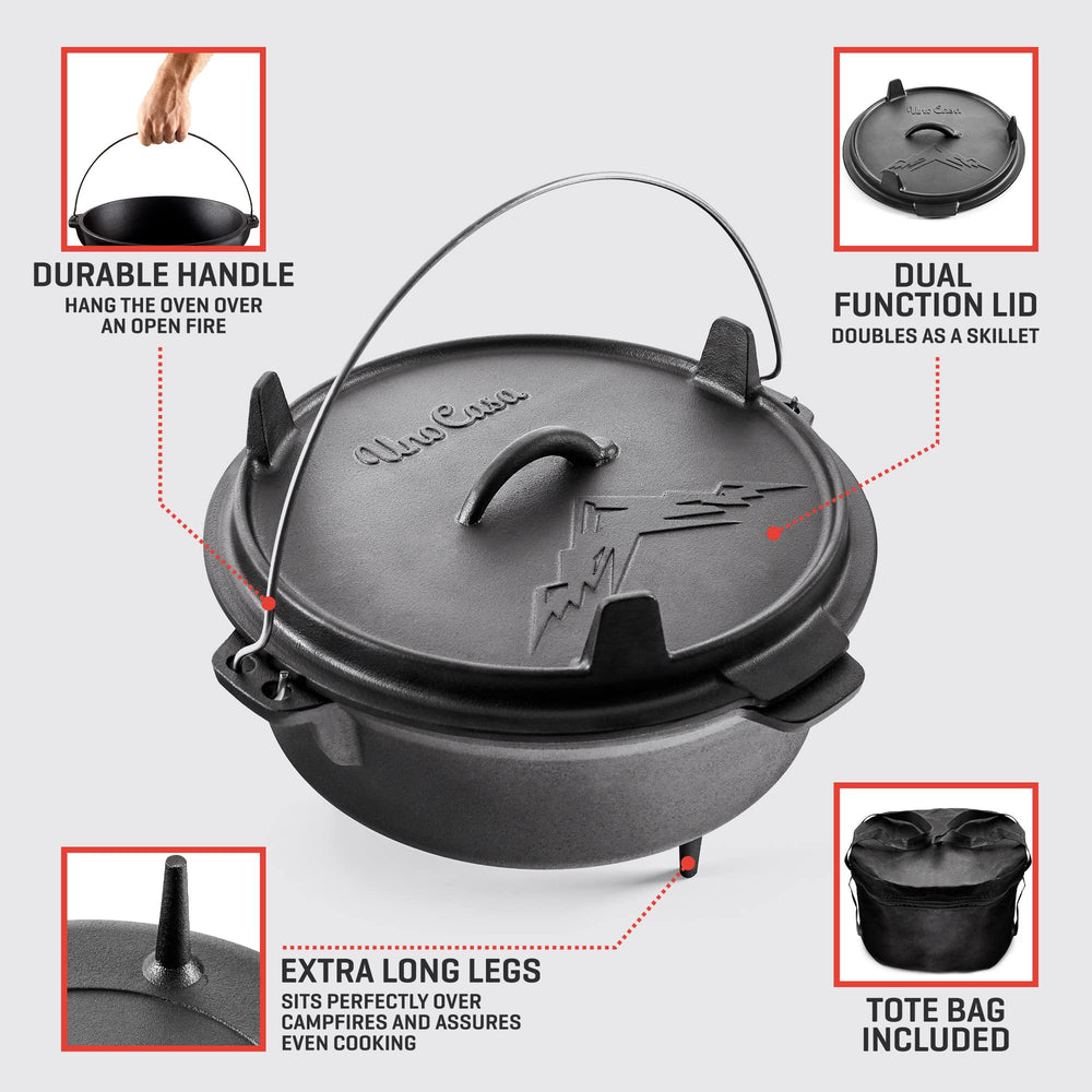 Uno Casa 6Qt Dutch oven 12-inch diameter supports feeding a crew around the fire