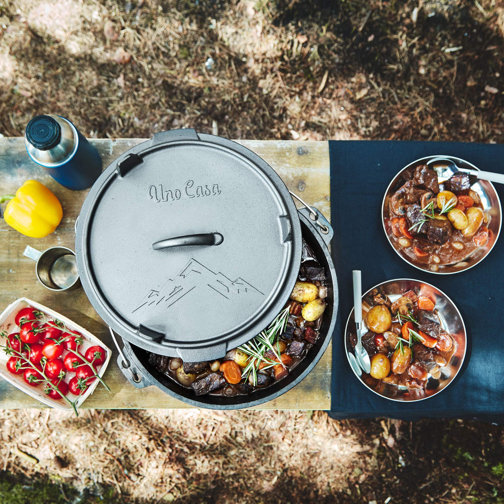 Uno Casa 6Qt Dutch oven lid-as-skillet design enables versatile cooking at camp