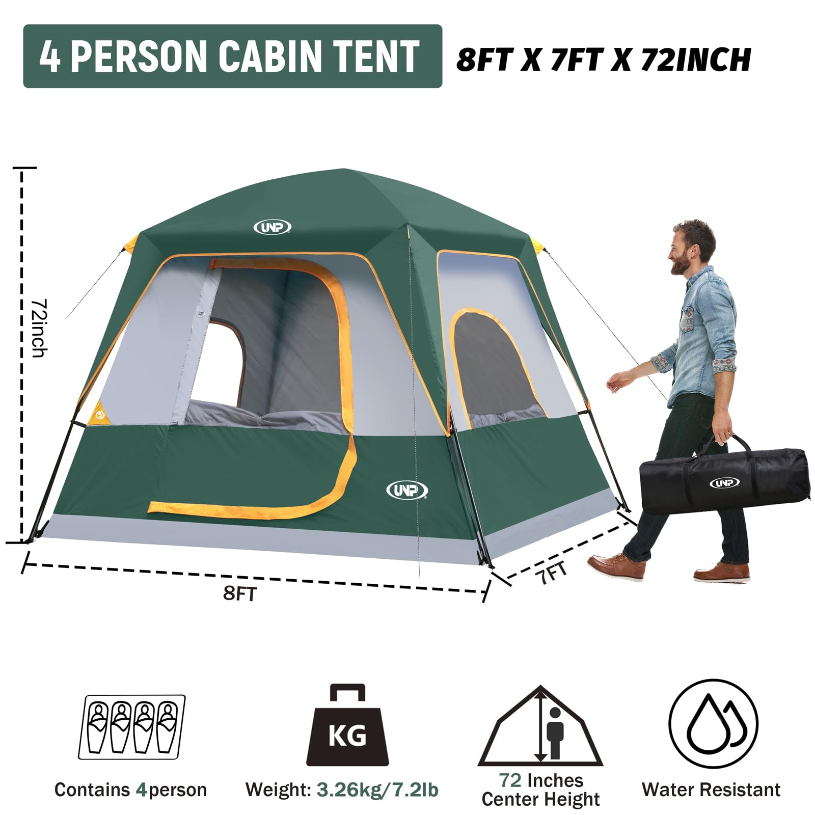 UNP 4-person tent floor space highlights generous room for gear and movement.