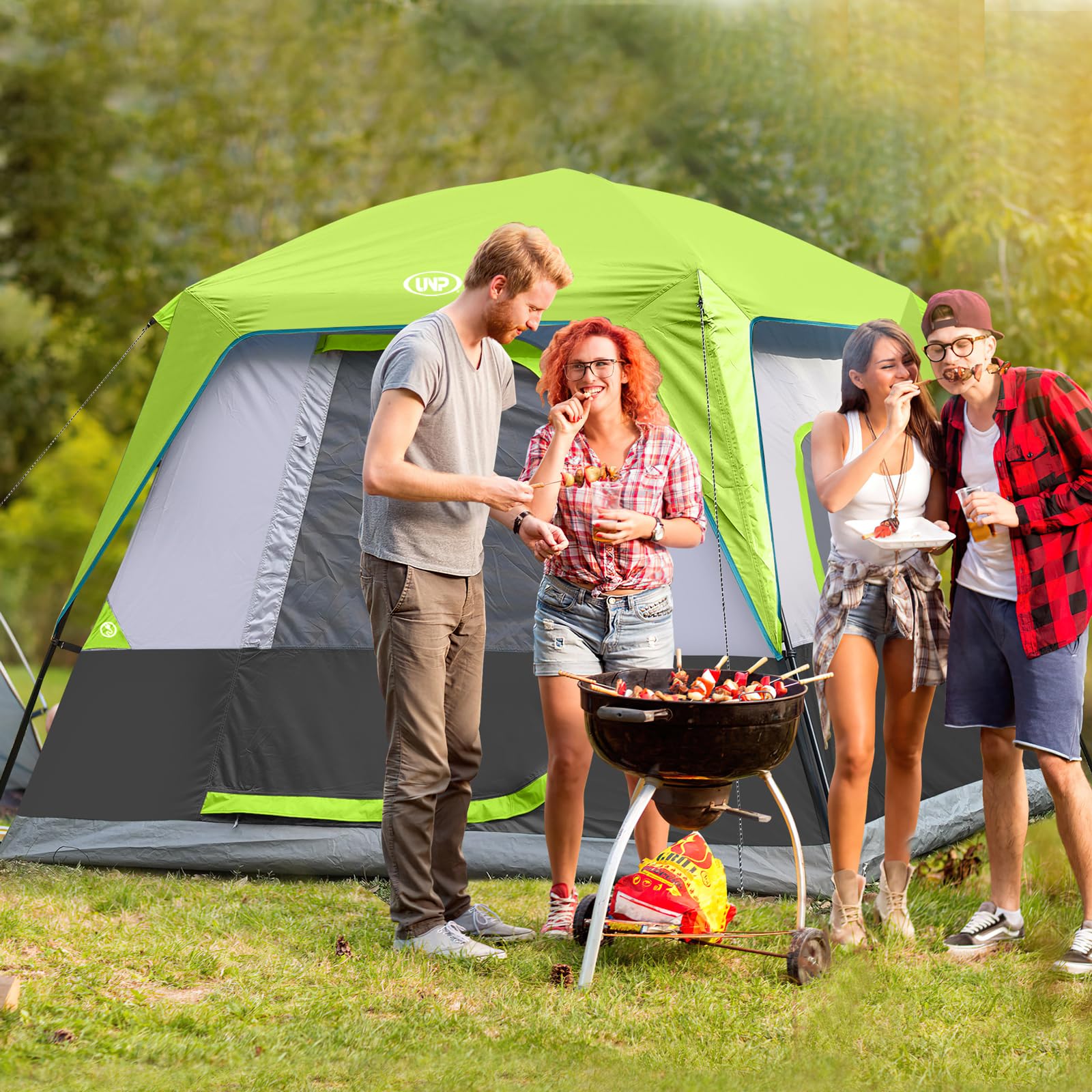 UNP 4-person-tent-fluorescent-green-color highlights visibility and easy spotting at campground.