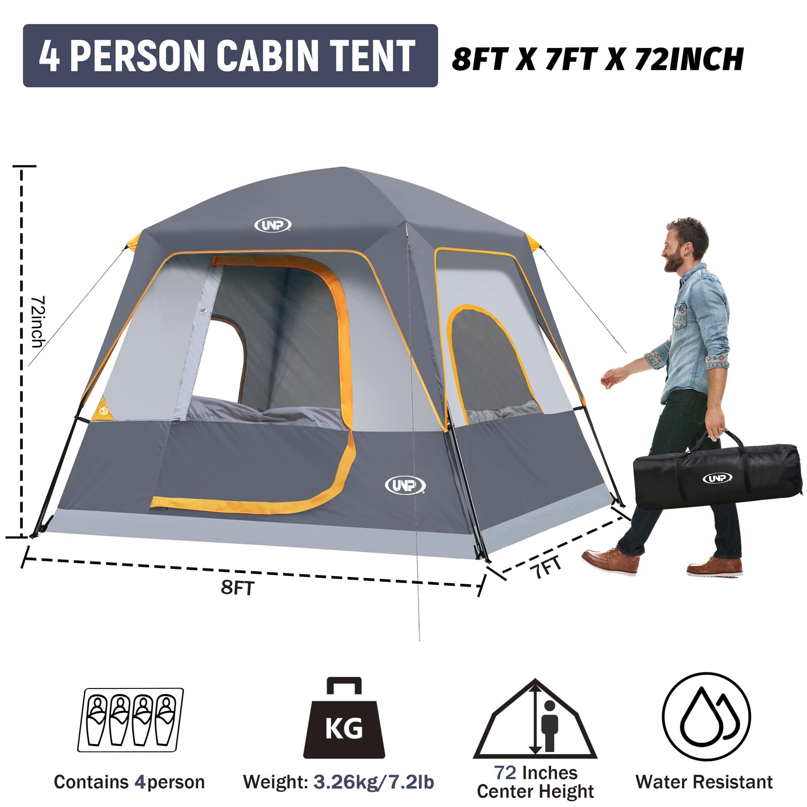 UNP 4-Person Tent side view highlights breathable mesh windows for airflow.