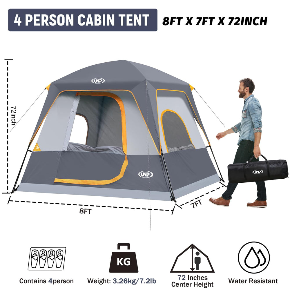 UNP 4-Person Tent side view highlights breathable mesh windows for airflow.