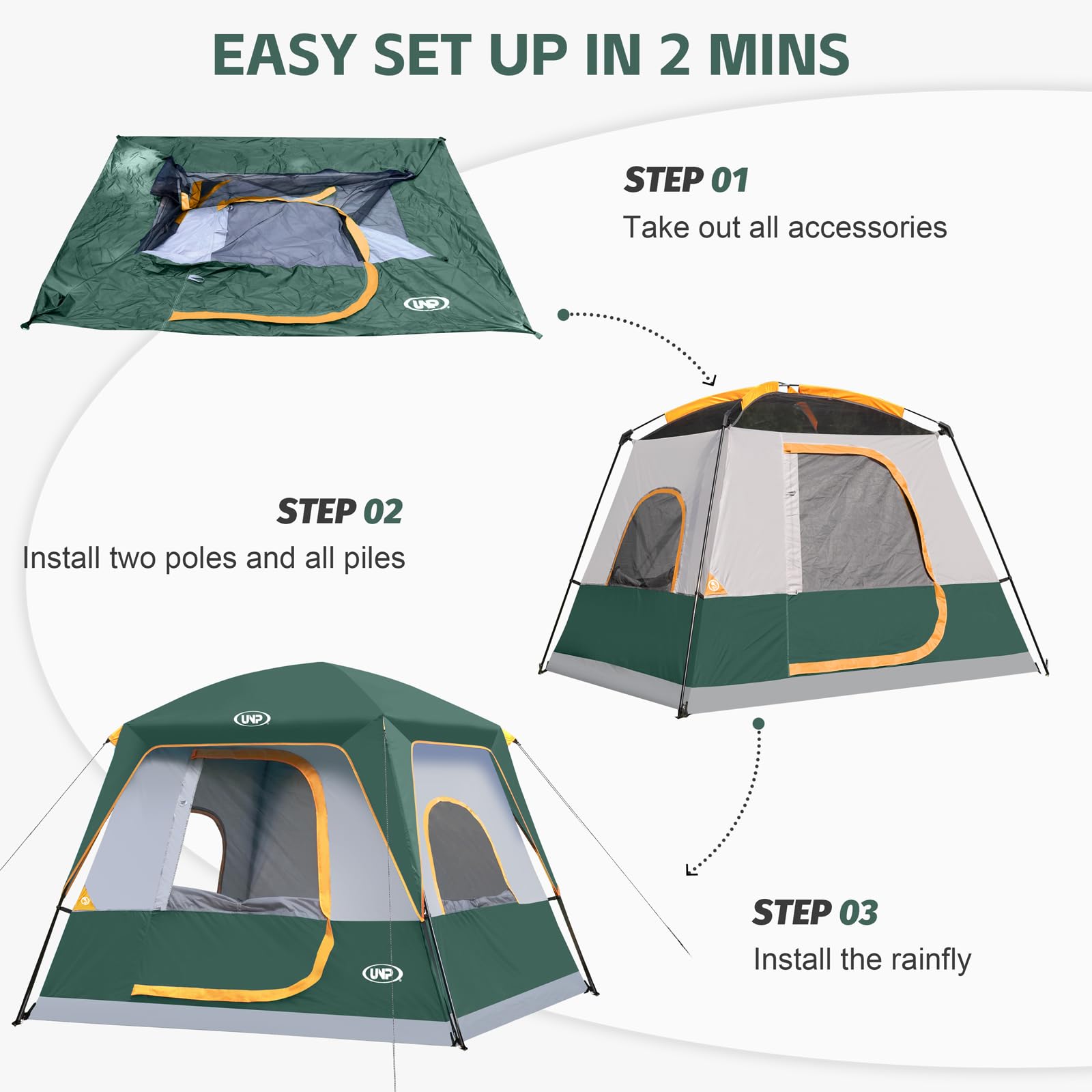 UNP 4-person tent top rainfly image emphasizes waterproof protection in rain.