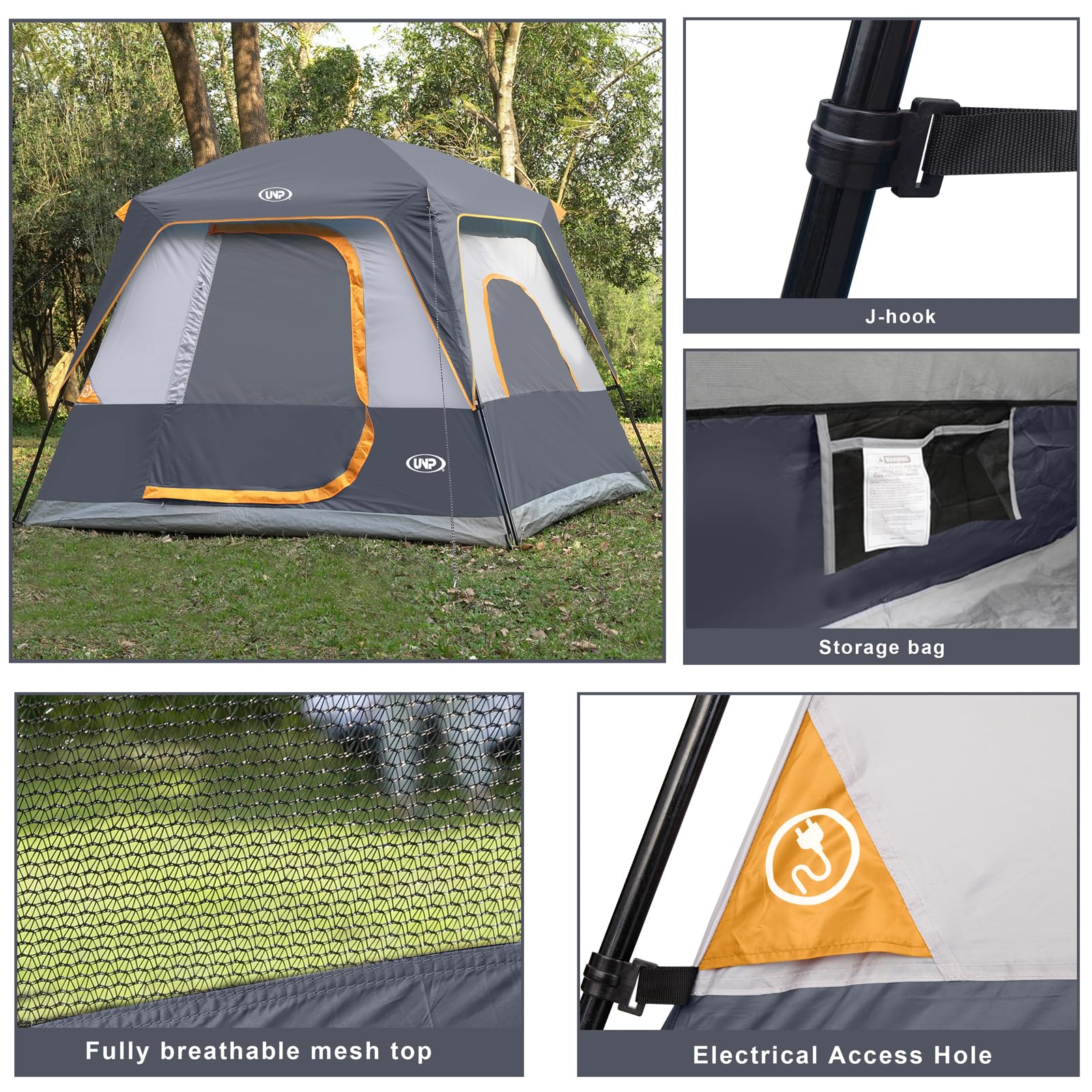 UNP 4-Person Tent top rainfly provides waterproof protection in wet weather.