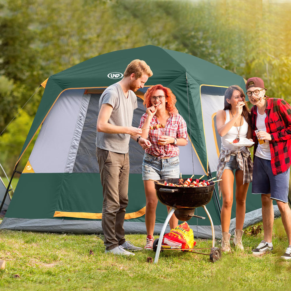 UNP 4-person tent wind-stable frame features sturdy steel poles for all-weather camping.