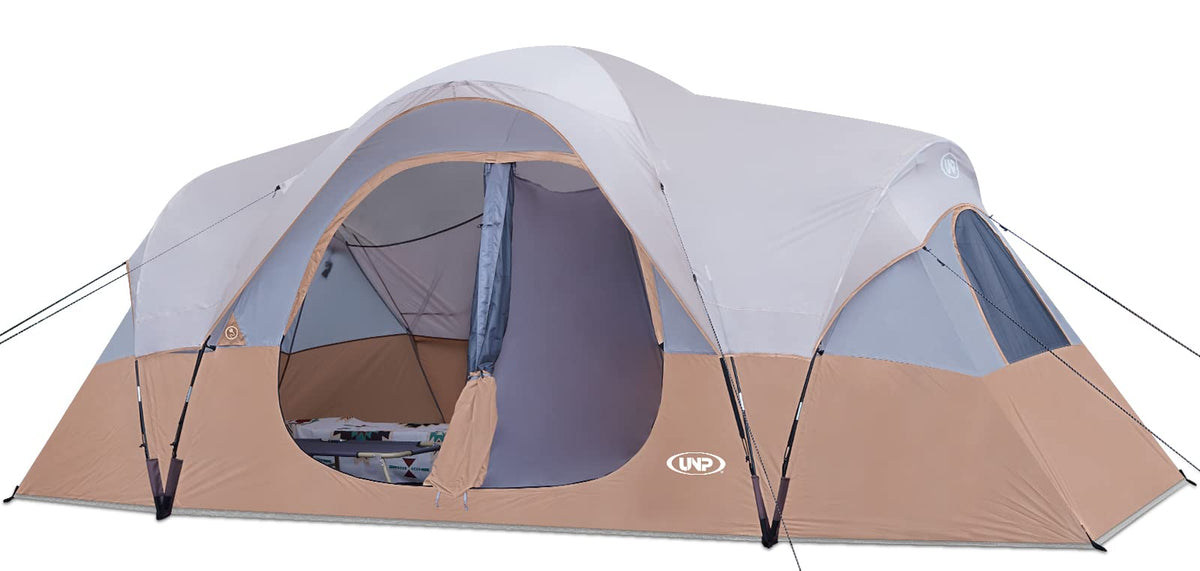 UNP camping tent 10-person exterior front view shows roomy layout for family camping