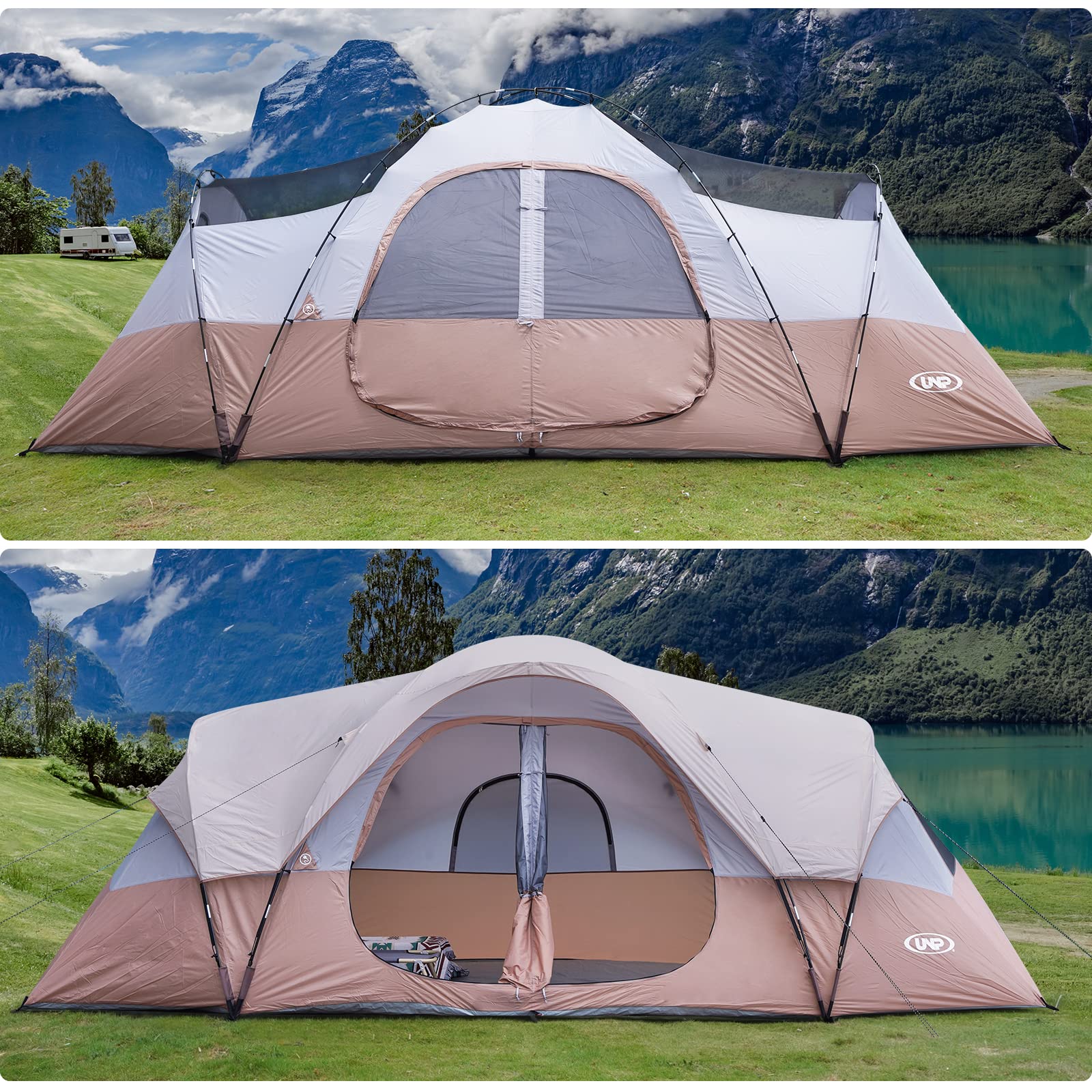 UNP camping tent rainfly extended detail keeping gear protected during light rain