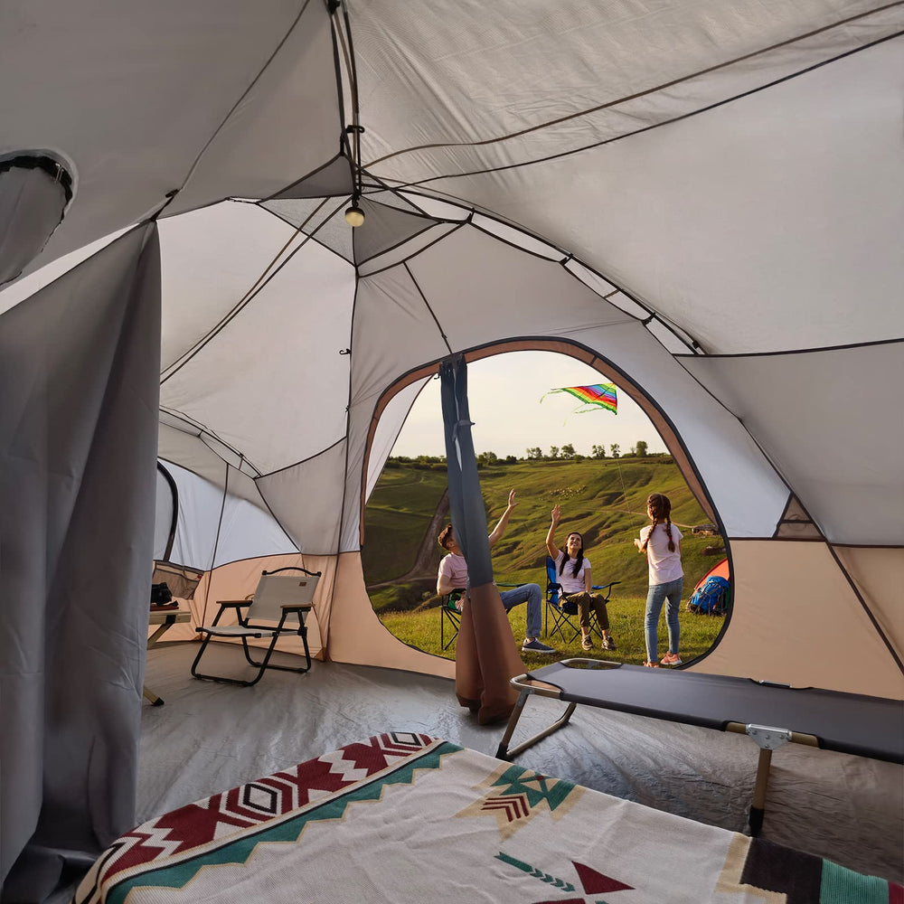 UNP camping tent side view highlights breathable mesh panels for cool comforts