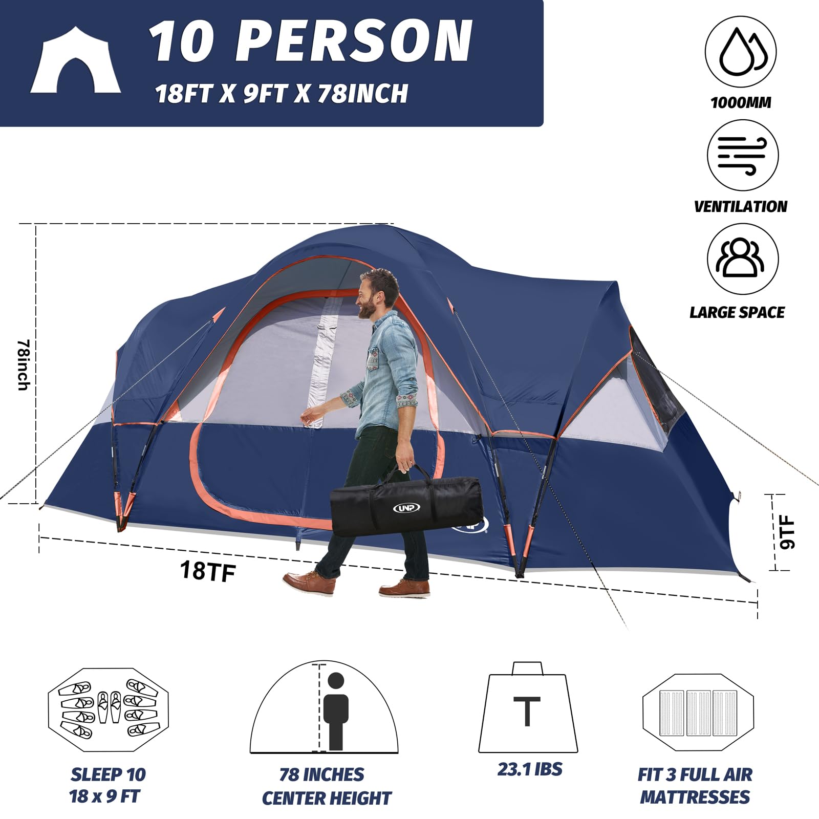UNP camping tent large mesh roof enables stargazing and airflow