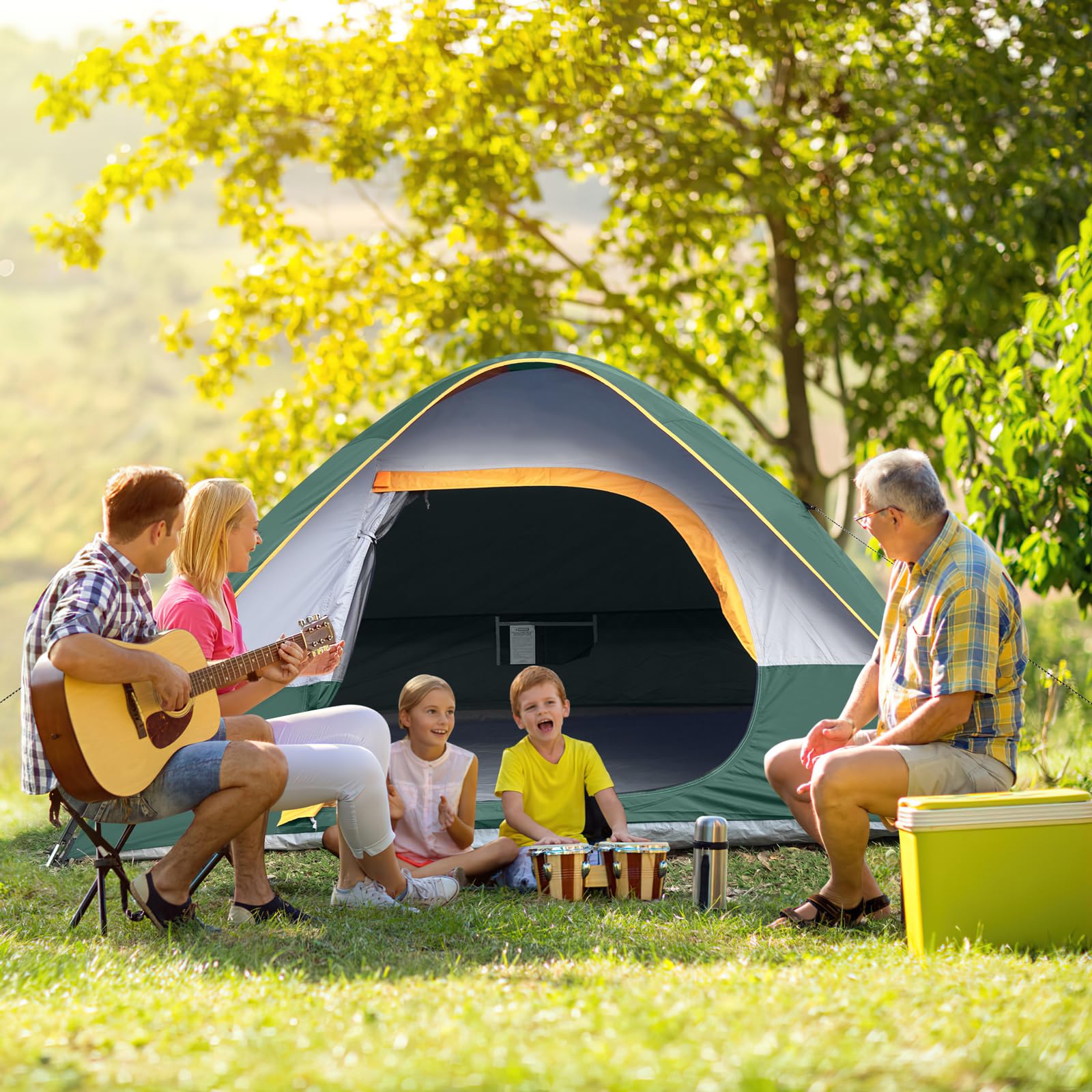 Unp camping tent 4-person quick-setup instruction label demonstrates fast assembly for one person