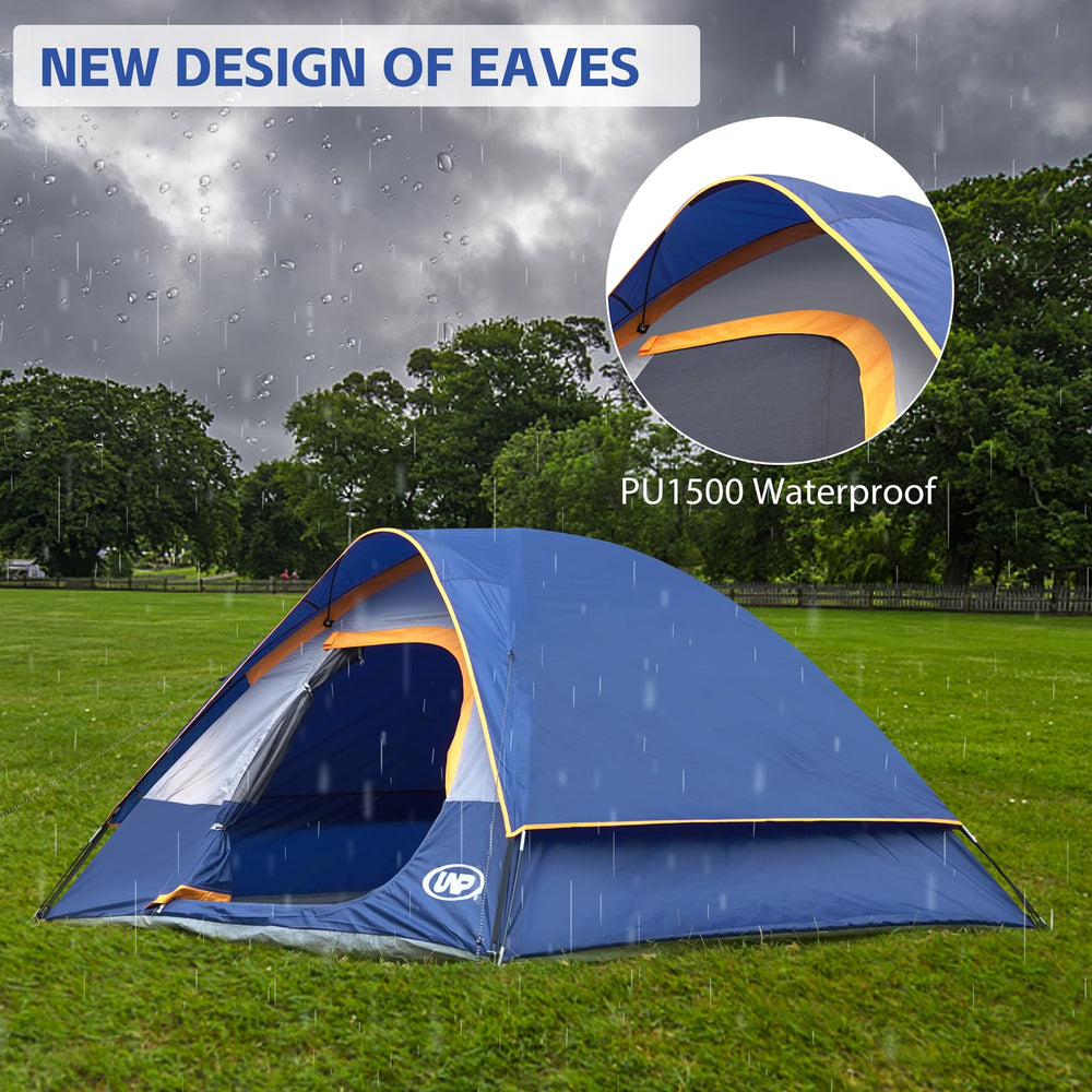 UNP Camping Tent 4-Person stable setup with ropes and piles.