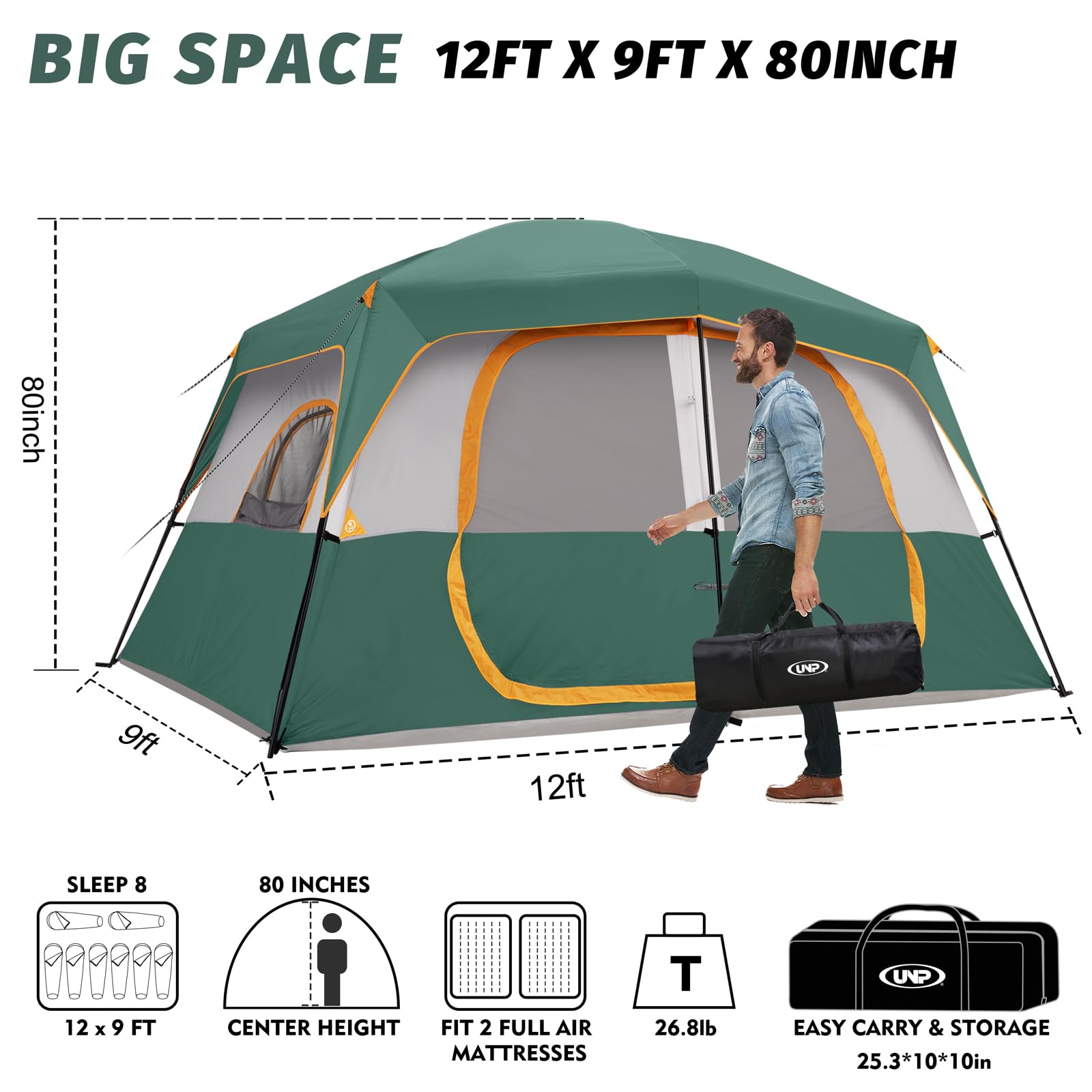 Unp camping tent 8-person interior demonstrates standing height and gear layout