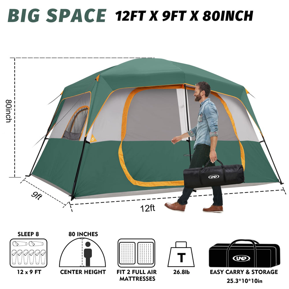 Unp camping tent 8-person interior demonstrates standing height and gear layout