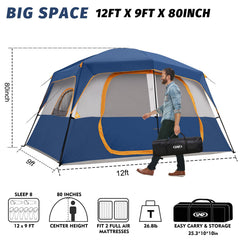 UNP 8-person camping tent side view highlights sturdy windproof frame