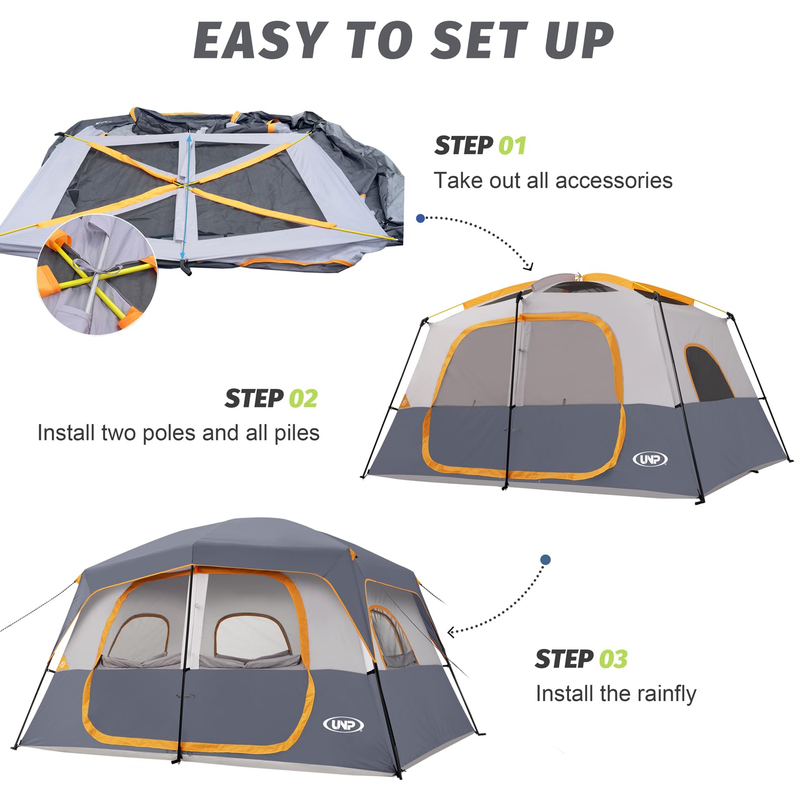 UNP camping tent uses 185T fabric with PU coating for durable weather resistance.