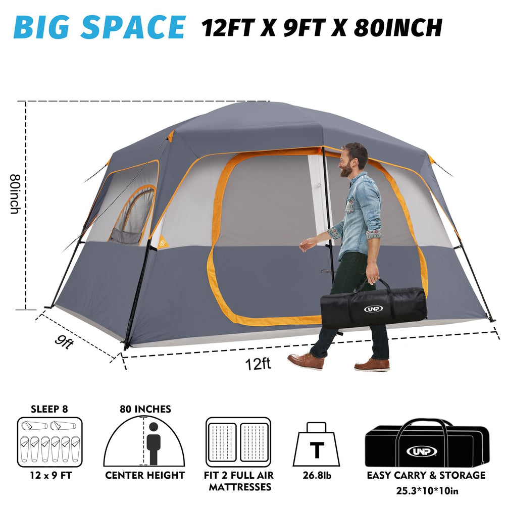 UNP camping tent setup in 10 minutes by two people, ideal for quick family camping.