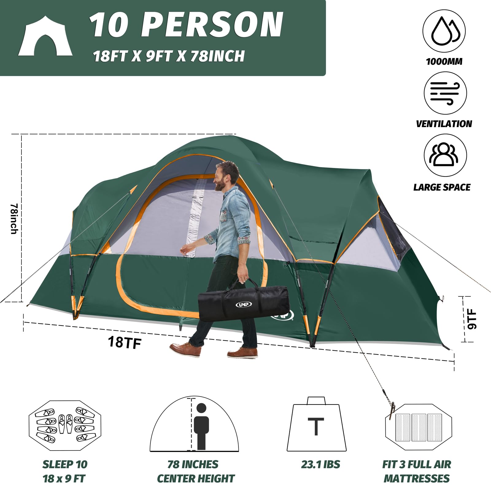 UNP camping tent easy-setup highlights quick, stress-free assembly for weekend trips.