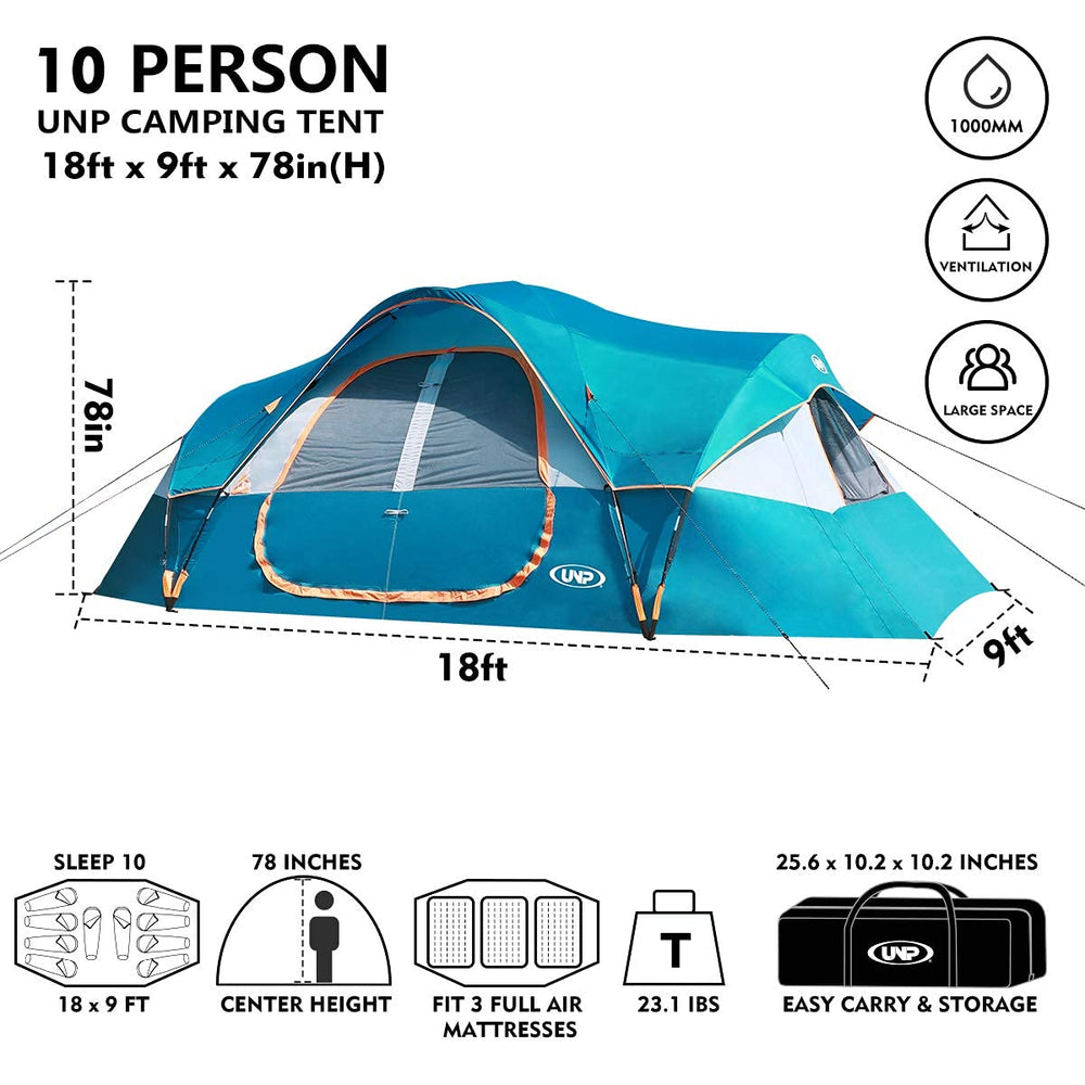 UNP camping tent demonstrating easy-up setup by two people