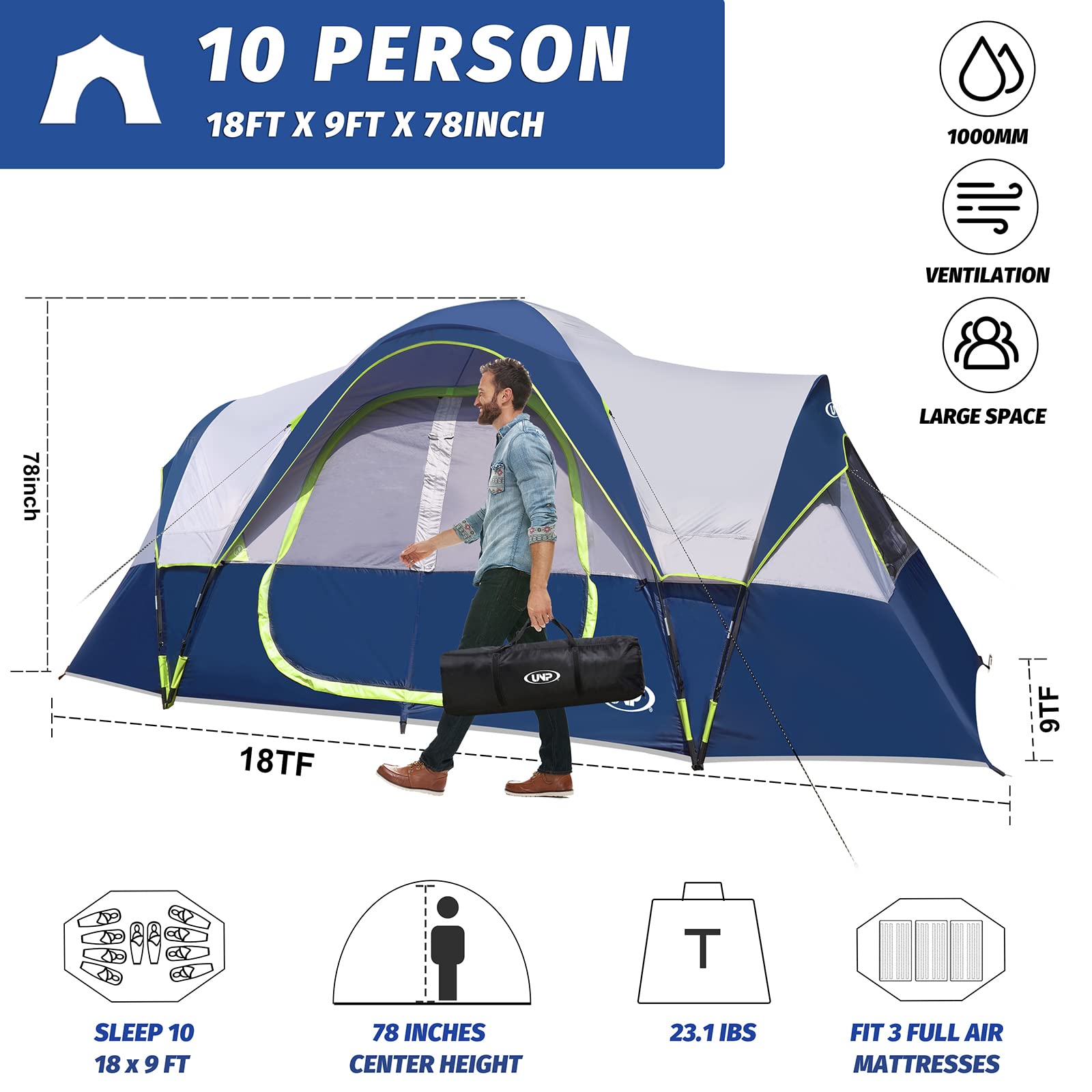 UNP camping tent large mesh windows provide excellent ventilation and night sky views.