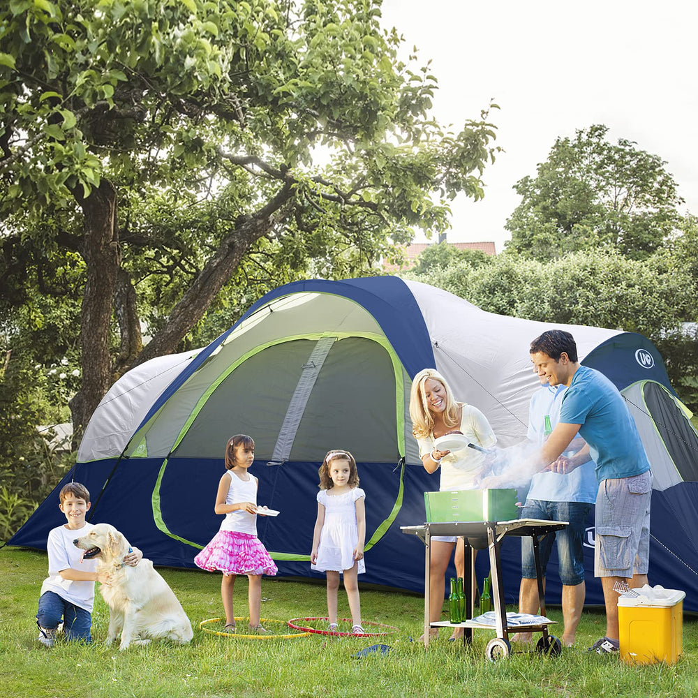 UNP camping tent rainfly and extended awning reduce rain intrusion during storms.
