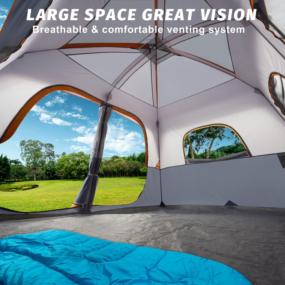 UNP camping tent with five mesh windows enhances airflow and comfort.