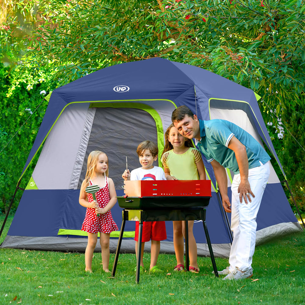 UNP four-person tent dark blue color is easy to spot at the campground.