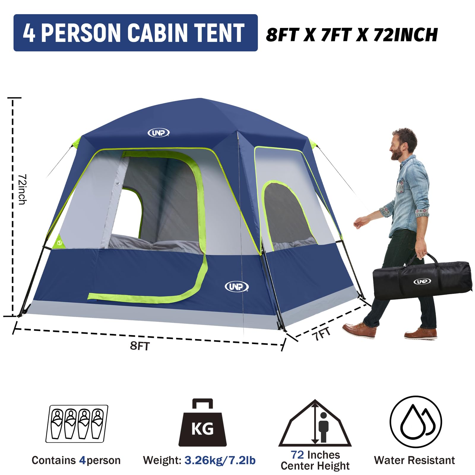 UNP four-person tent quick-setup enables fast shelter assembly for two campers and solo users.