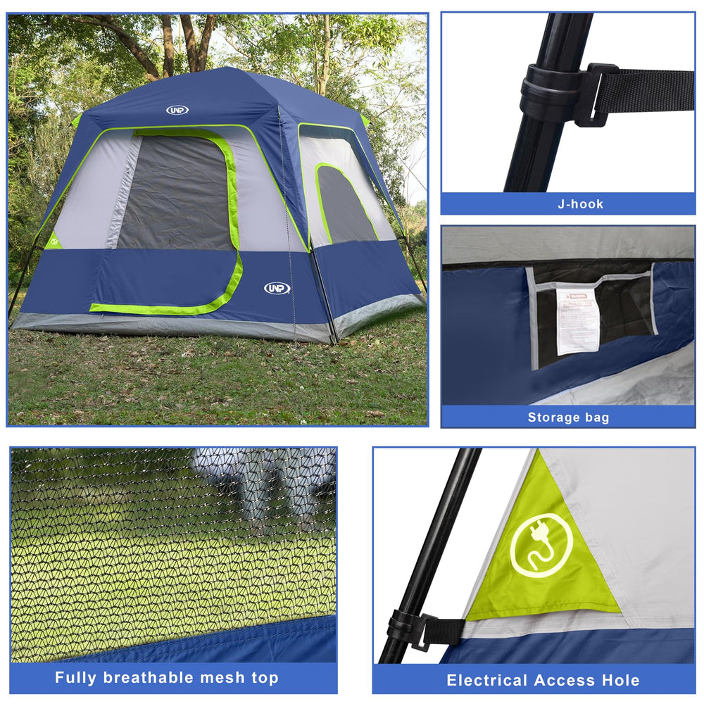 UNP four-person tent stable frame with steel legs for windy conditions and durable shelter.
