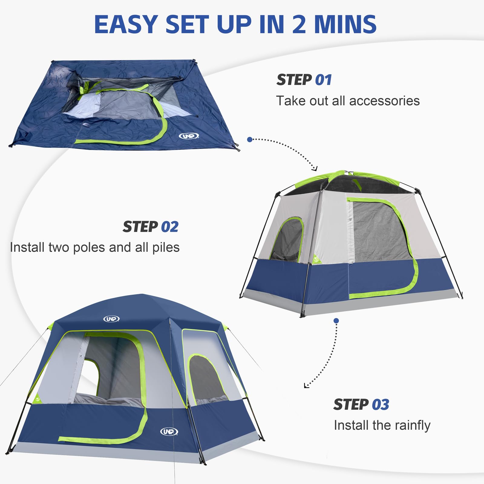 UNP four-person tent waterproof rainfly protects gear and campers in light rain.