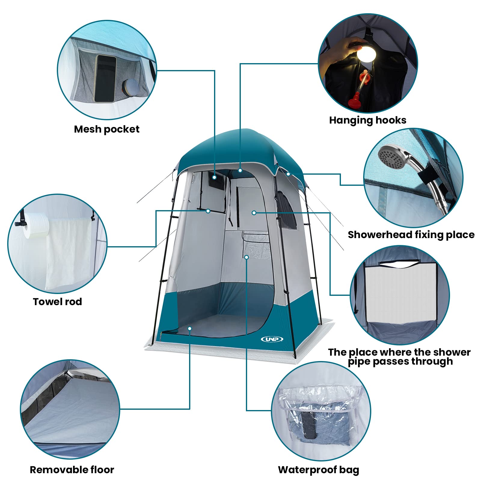 Unp shower tent interior pockets keep toiletries organized.