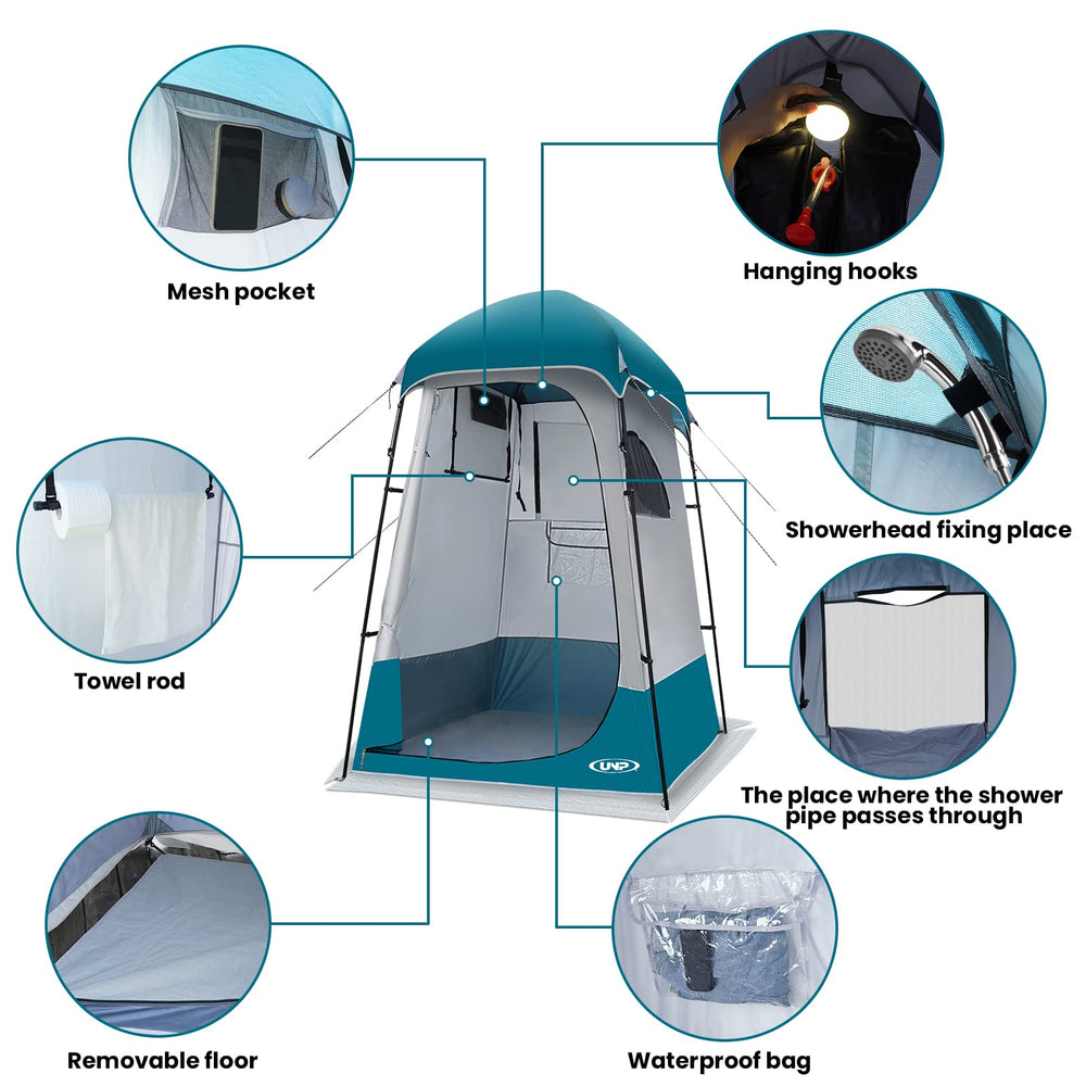 Unp shower tent interior pockets keep toiletries organized.