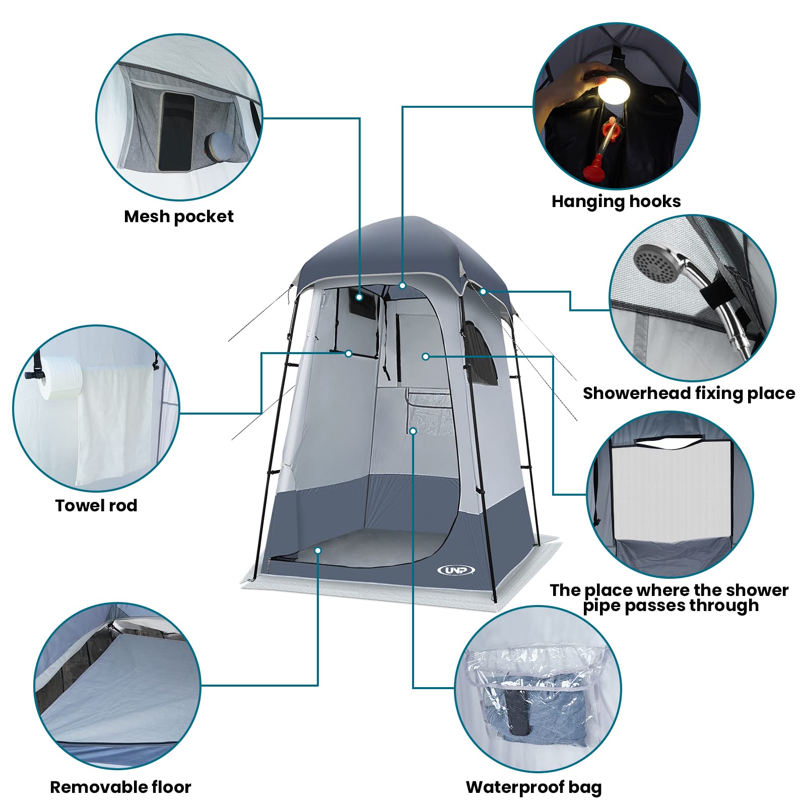 Unp privacy tent has a large mesh window for improved airflow and cooling.