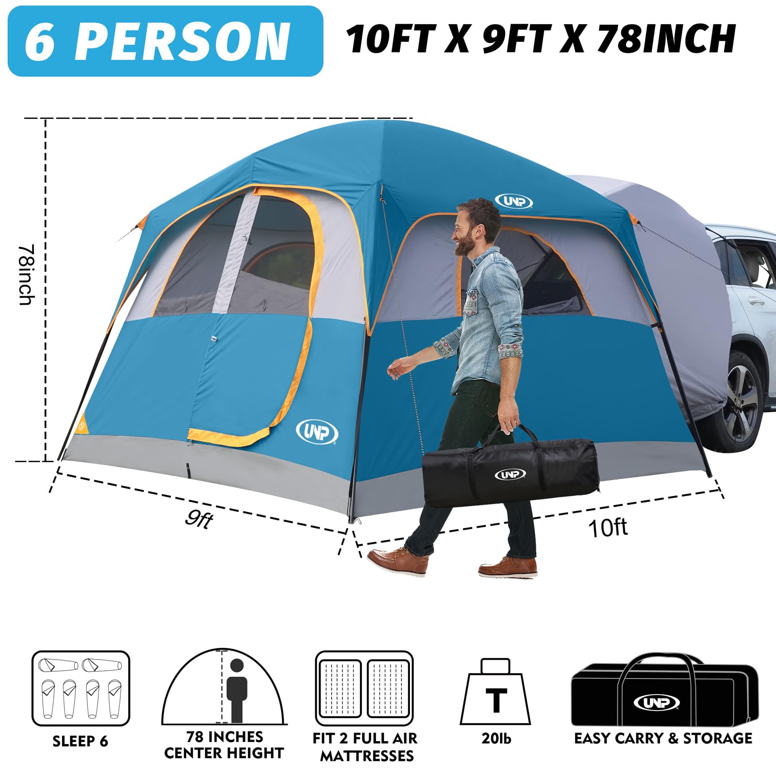 UNP SUV tent dimensions 10x9 demonstrate spacious interior for family camping.